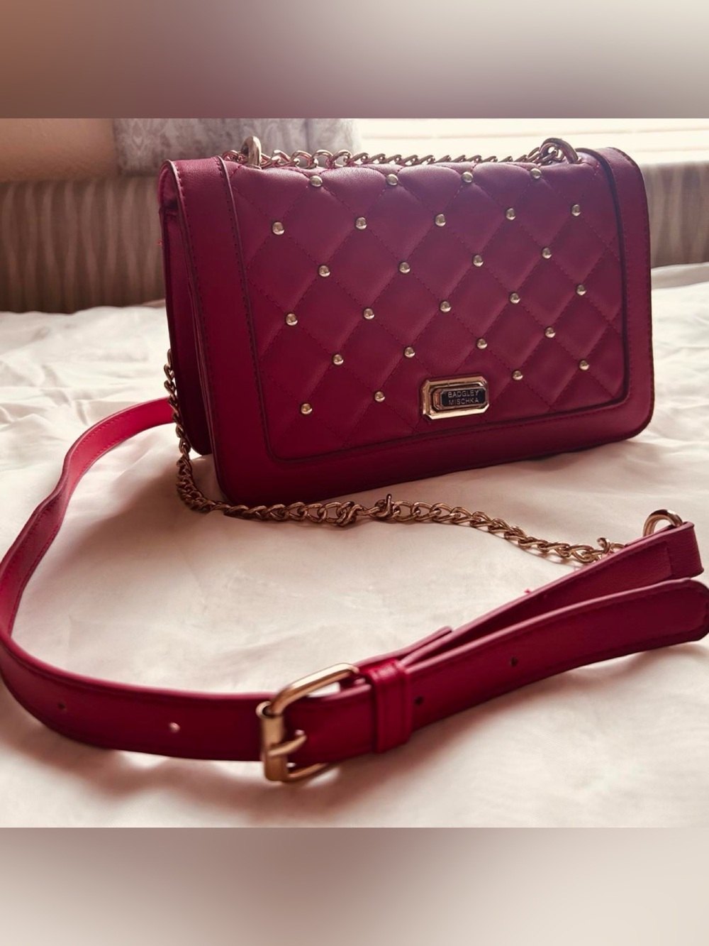 Badgley Mischka Quilted Fuchsia Crossbody with Gold Chain